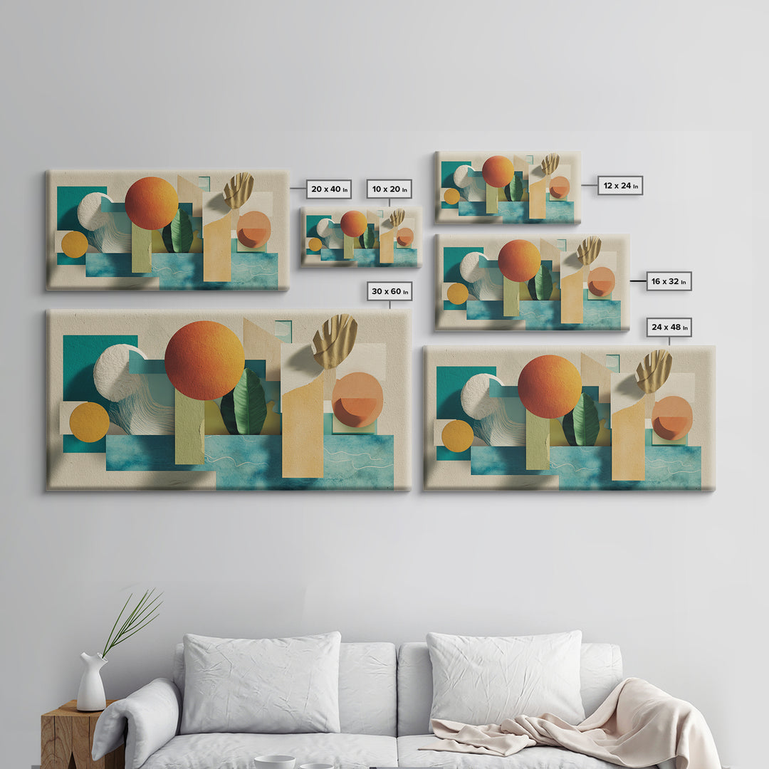 Neutral Teal Orange Geometric Still Life Wall Art, Mid Century Modern Canvas Print, Botanical Shapes, Coastal Home Decor