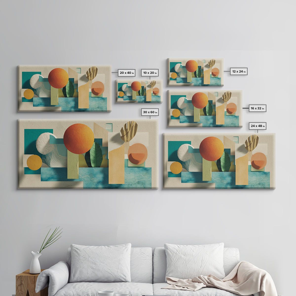 Neutral Teal Orange Geometric Still Life Wall Art, Mid Century Modern Canvas Print, Botanical Shapes, Coastal Home Decor