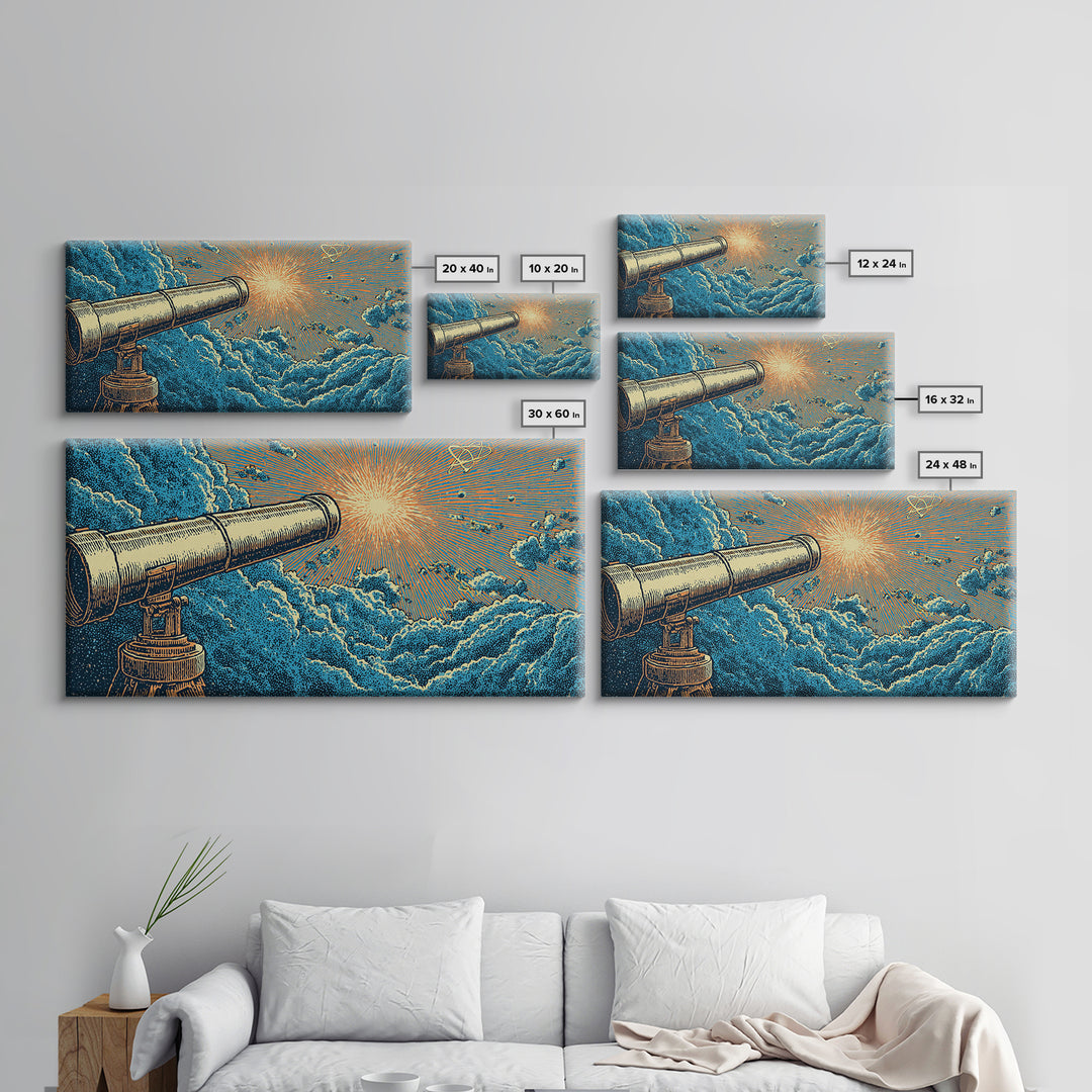 Blue Cloud Telescope Sunburst Framed Canvas Print, Retro Astronomy Wall Art, Mid Century Modern Space Poster, Office Decor