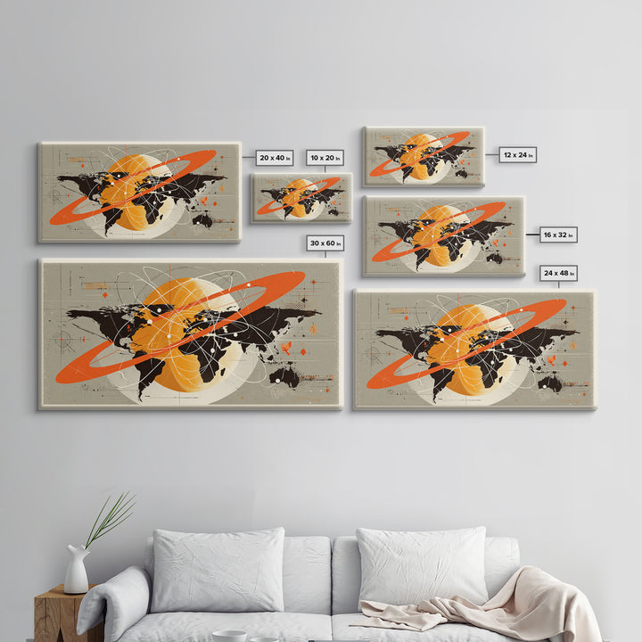 Retro Atomic World Map Wall Art, Mid Century Modern Travel Poster, Orange Black Science Decor, Geometric Canvas Print Gift