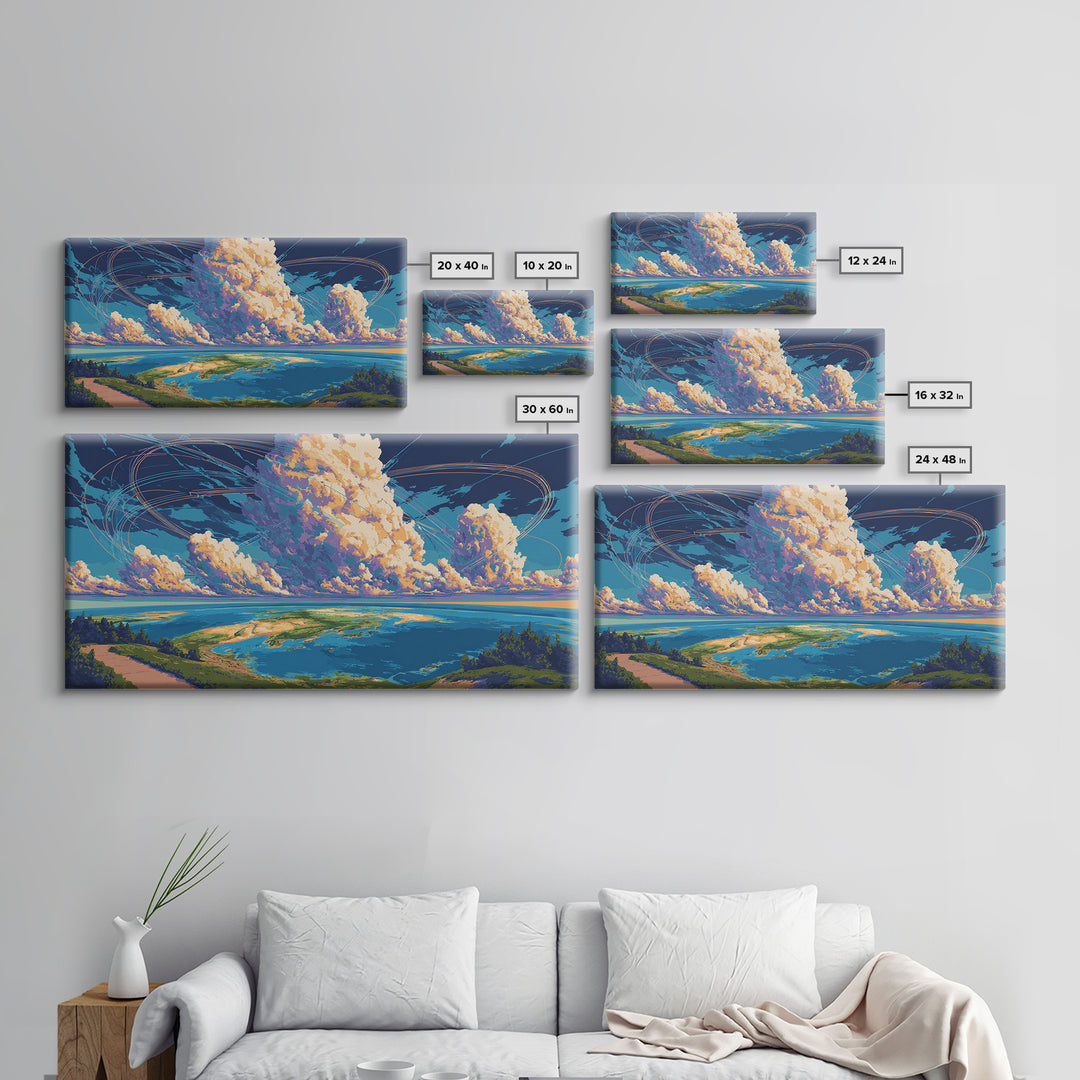 Cloudy Coastal Lagoon Wall Art, Modern Landscape Canvas Print, Blue Tropical Travel Poster, Scenic Lake House Decor Gift
