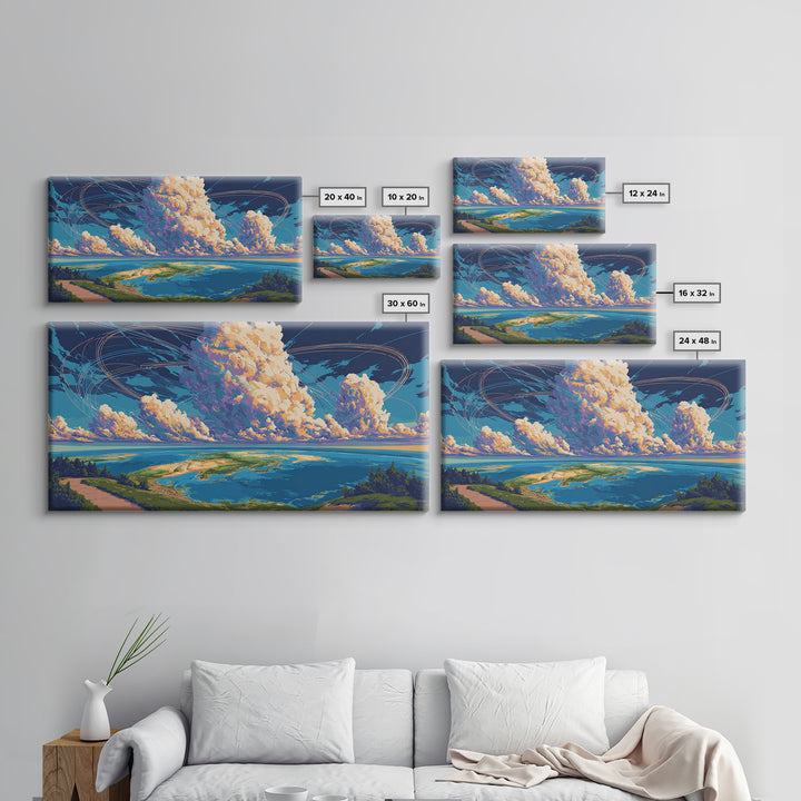 Cloudy Coastal Lagoon Wall Art, Modern Landscape Canvas Print, Blue Tropical Travel Poster, Scenic Lake House Decor Gift