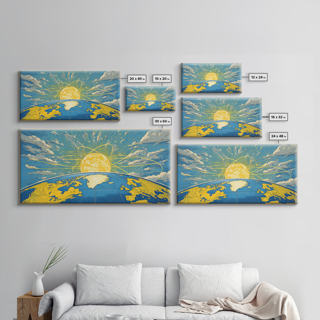 Atomic Earth Sunrise Wall Art, Blue Yellow Retro Science Poster, Mid Century Modern Space Decor, Celestial Canvas Print Gift