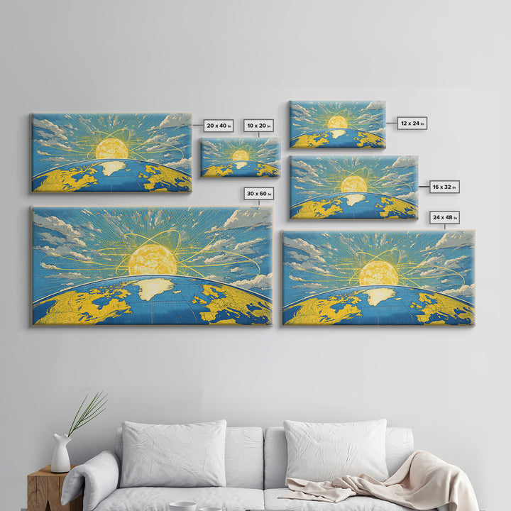 Atomic Earth Sunrise Wall Art, Blue Yellow Retro Science Poster, Mid Century Modern Space Decor, Celestial Canvas Print Gift