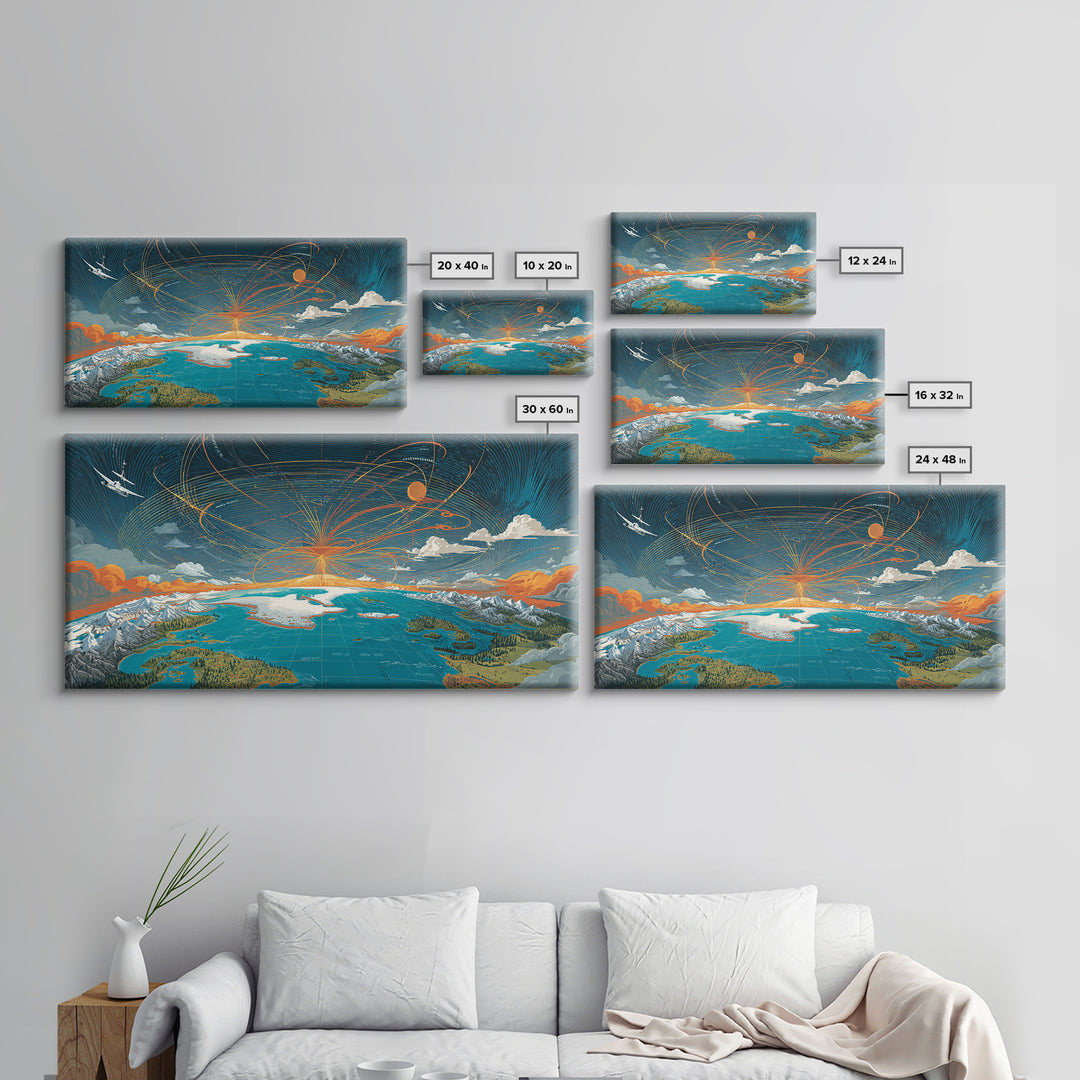 Cosmic Mountain Lake Sunset Wall Art, Panoramic Modern Landscape Print, Scenic Cabin Decor, Blue Orange Living Room Art Print