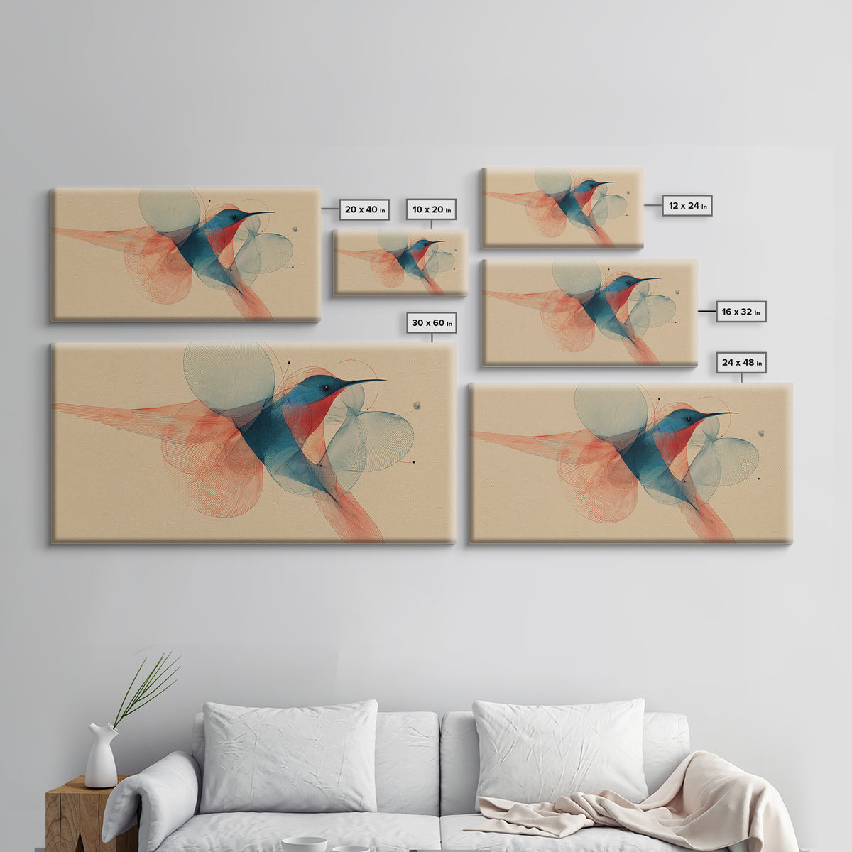 Abstract Hummingbird With Circle Forms Wall Art, Midcentury Modern Bird Print, Geometric Nature Decor, Teal Coral Art Print