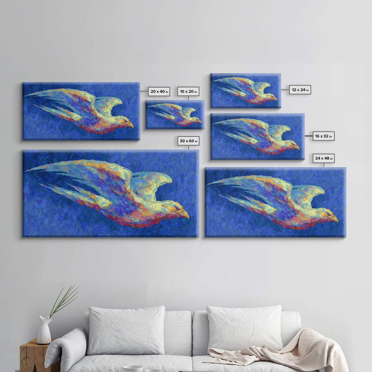 Blue Mosaic Bird In Flight Framed Canvas Print, Modern Abstract Wildlife Art, Colorful Nature Decor, Bold Living Room Wall Art