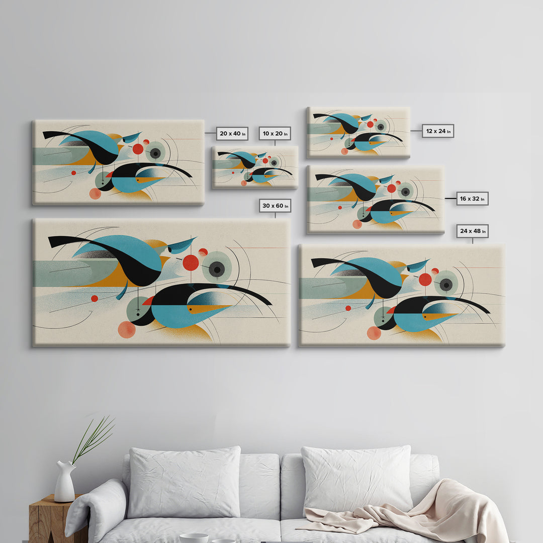Geometric Abstract Birds Wall Art, Midcentury Modern Shapes Print, Bauhaus Inspired Decor, Teal Orange Living Room Art Print