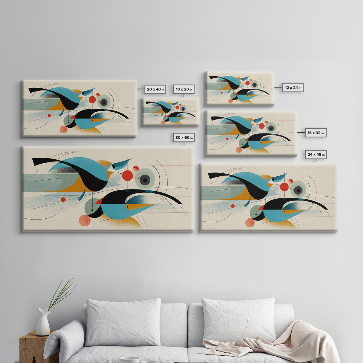 Geometric Abstract Birds Wall Art, Midcentury Modern Shapes Print, Bauhaus Inspired Decor, Teal Orange Living Room Art Print