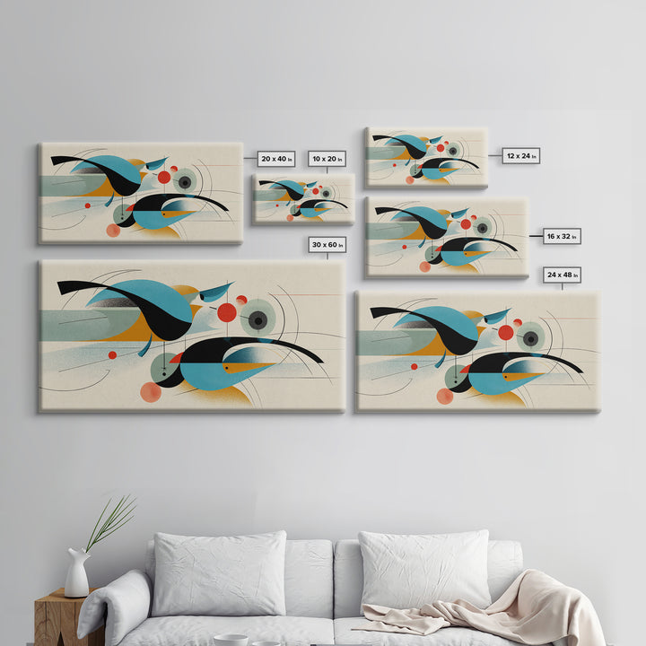 Geometric Abstract Birds Wall Art, Midcentury Modern Shapes Print, Bauhaus Inspired Decor, Teal Orange Living Room Art Print