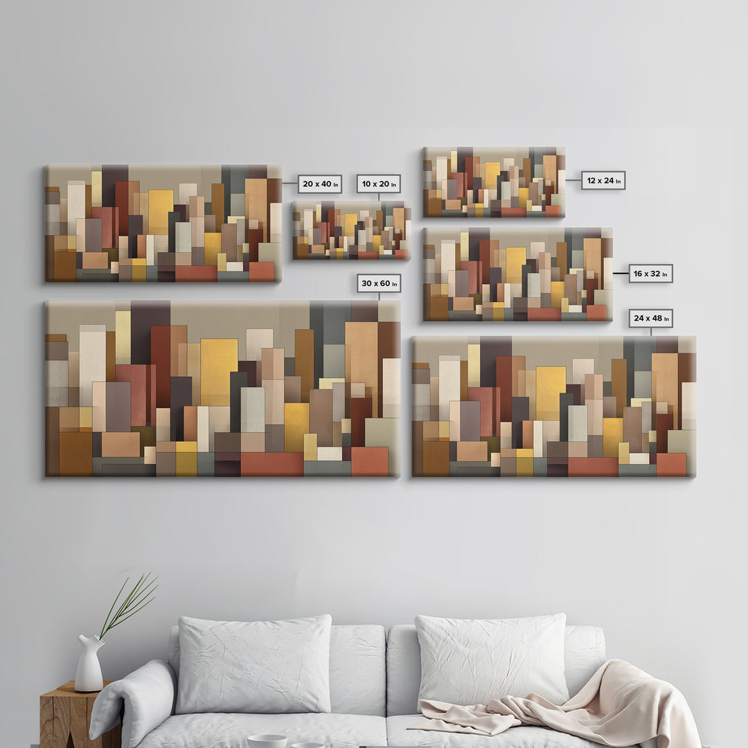 Earth Tone Geometric City Wall Art, Modern Abstract Skyline Print, Midcentury Decor, Neutral Brown Living Room Art Print