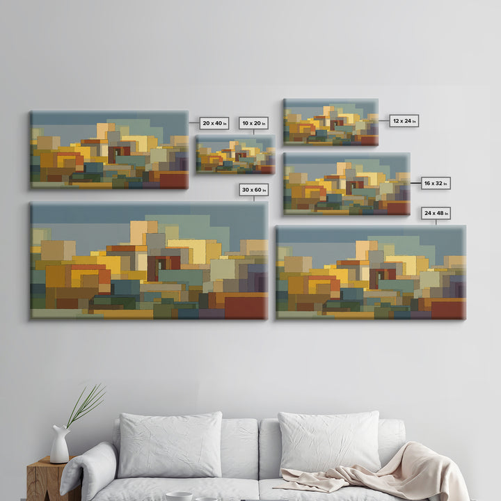 Abstract City Blocks In Muted Teal And Ochre Wall Art, Mid Century Modern Print, Geometric Home Decor, Living Room Artwork