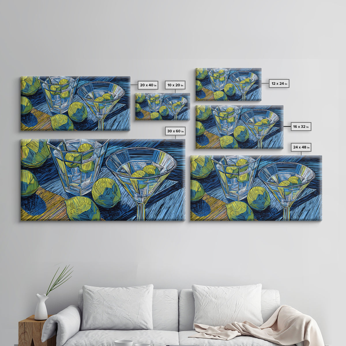 Blue Linocut Martini Glasses With Limes Canvas Print, Retro Cocktail Wall Decor, Bar Cart Art Print, Kitchen Poster Gift