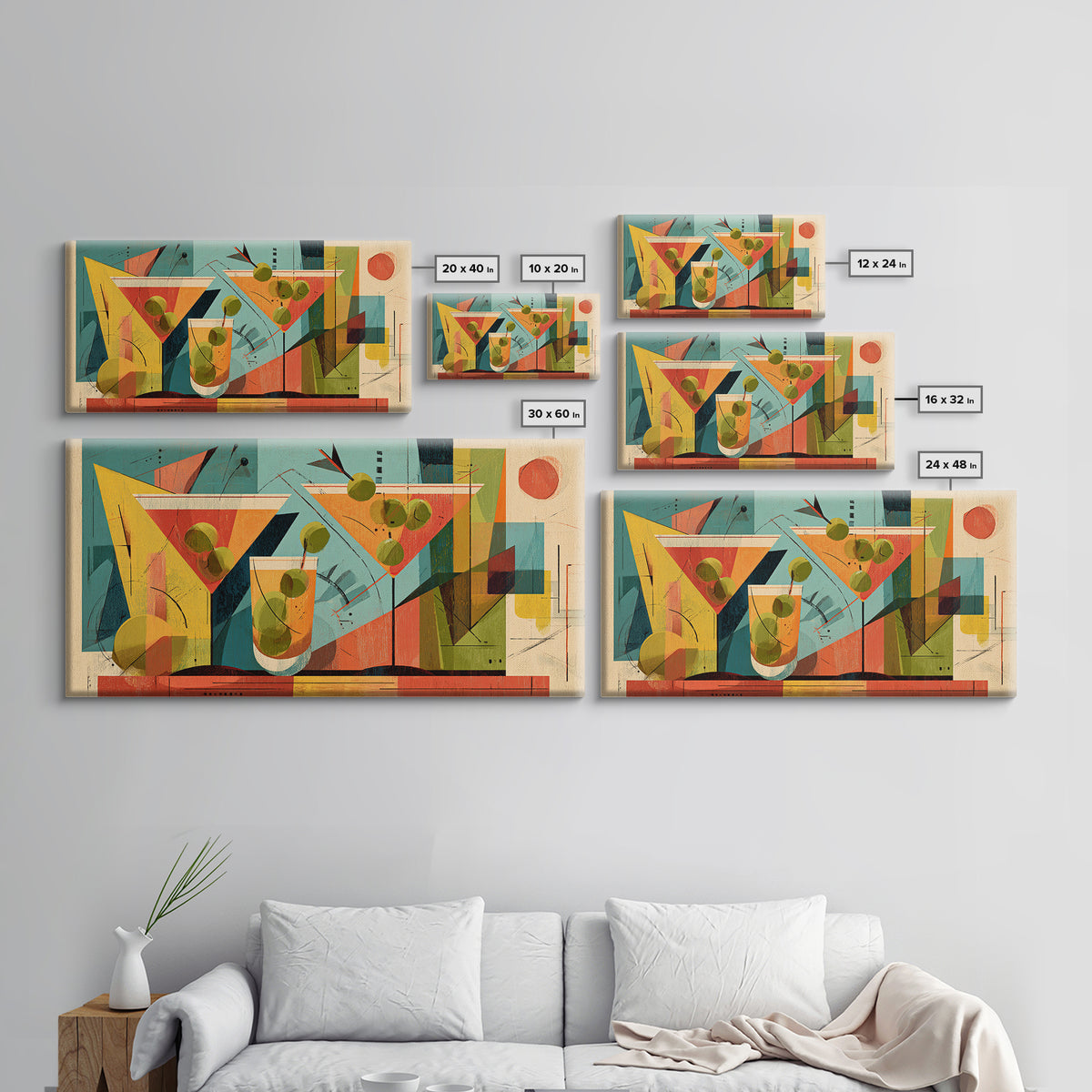 Midcentury Martini Glasses And Olives Wall Art, Atomic Cocktail Poster Print, Retro Bar Decor, Geometric Modern Home Decor