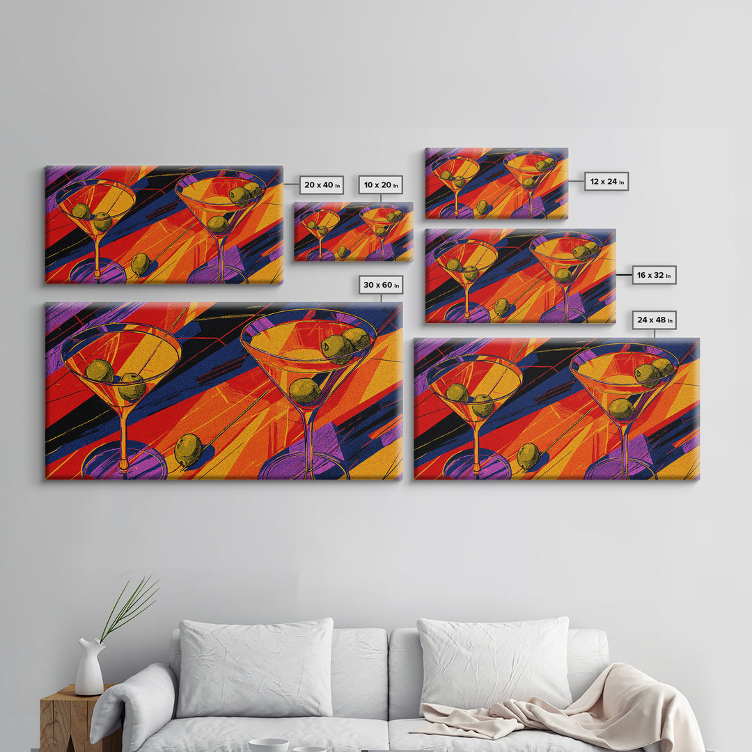 Bold Pop Art Martini Glasses With Olives Canvas Print, Retro Cocktail Poster, Colorful Bar Cart Decor, Modern Kitchen Wall Art