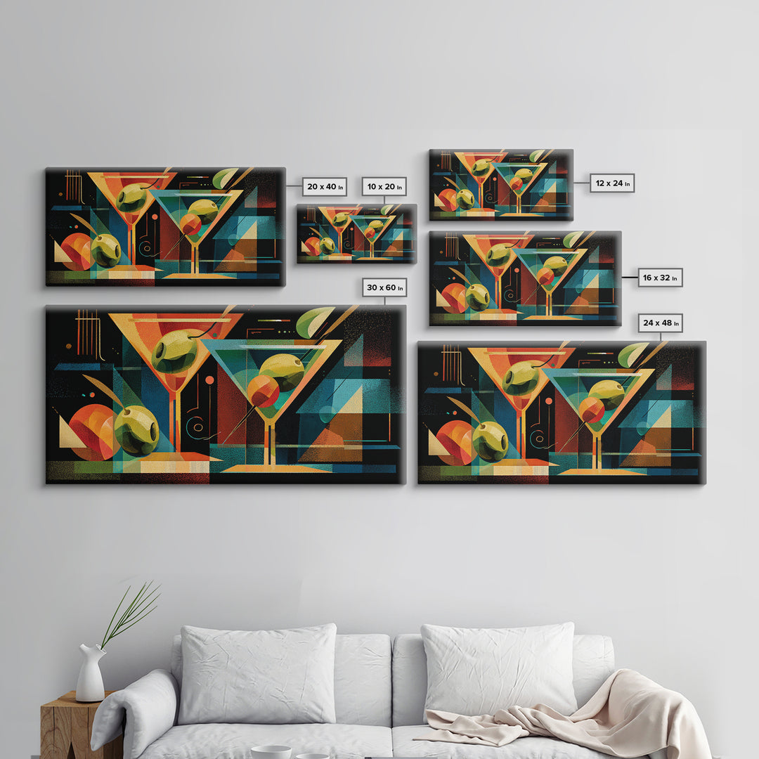 Bauhaus Martini Glasses And Green Olives Framed Canvas Print, Mid Century Modern Bar Wall Decor, Atomic Cocktail Art Print