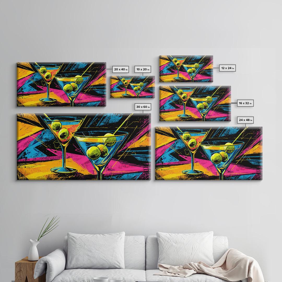Neon Martini Glasses With Olives Canvas Print, Retro Bar Art, Vibrant Cocktail Poster, Funky Wall Decor For Kitchen Lounge