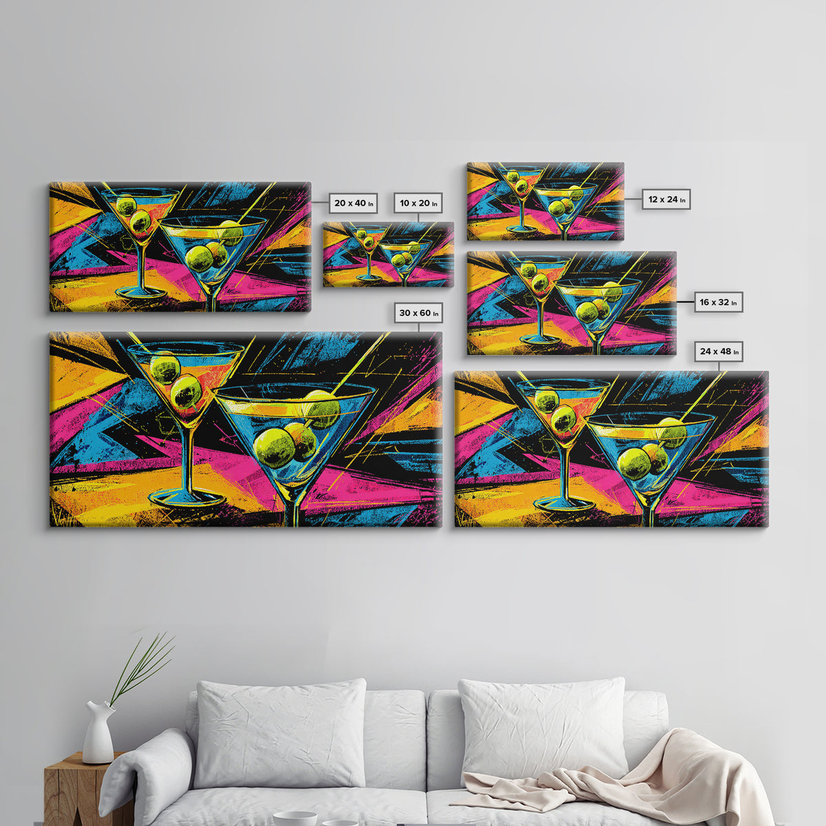 Neon Martini Glasses With Olives Canvas Print, Retro Bar Art, Vibrant Cocktail Poster, Funky Wall Decor For Kitchen Lounge