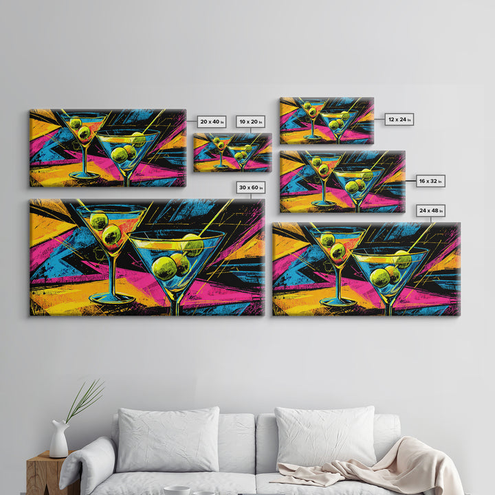 Neon Martini Glasses With Olives Canvas Print, Retro Bar Art, Vibrant Cocktail Poster, Funky Wall Decor For Kitchen Lounge