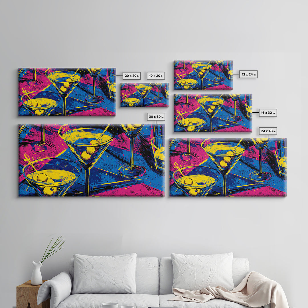 Electric Neon Martini Glasses And Olives Wall Art, Pop Art Cocktail Poster, Retro Bar Cart Decor, Colorful Kitchen Art Print