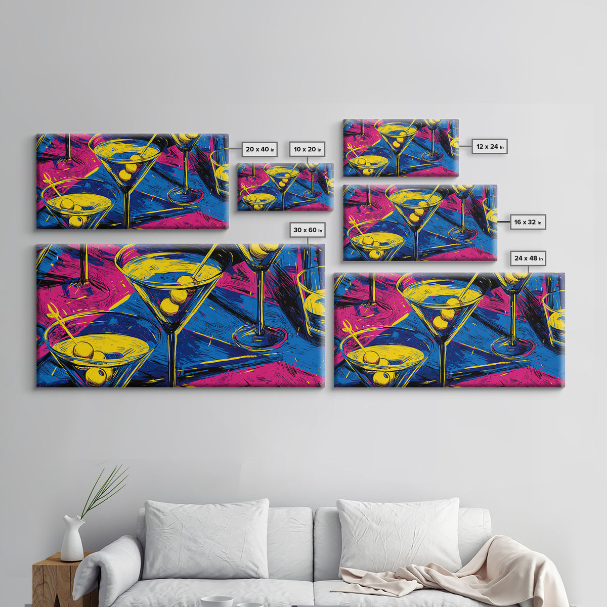Electric Neon Martini Glasses And Olives Wall Art, Pop Art Cocktail Poster, Retro Bar Cart Decor, Colorful Kitchen Art Print