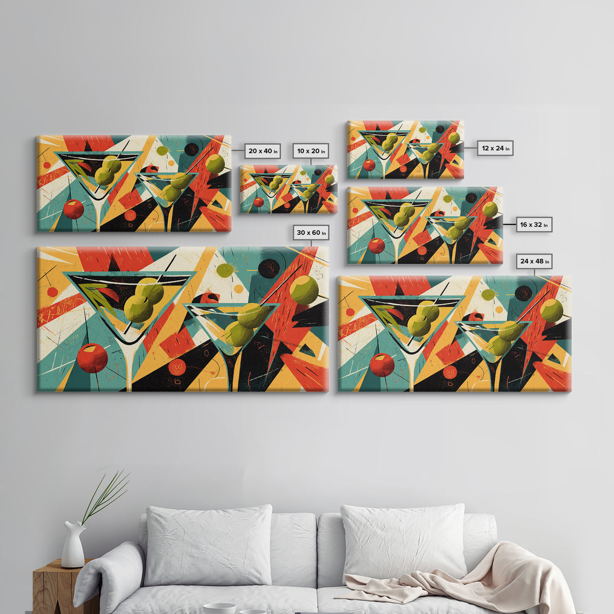 Retro Martini Glasses With Olives And Oranges Wall Art, Midcentury Modern Cocktail Poster, Atomic Bar Decor, Kitchen Art Print
