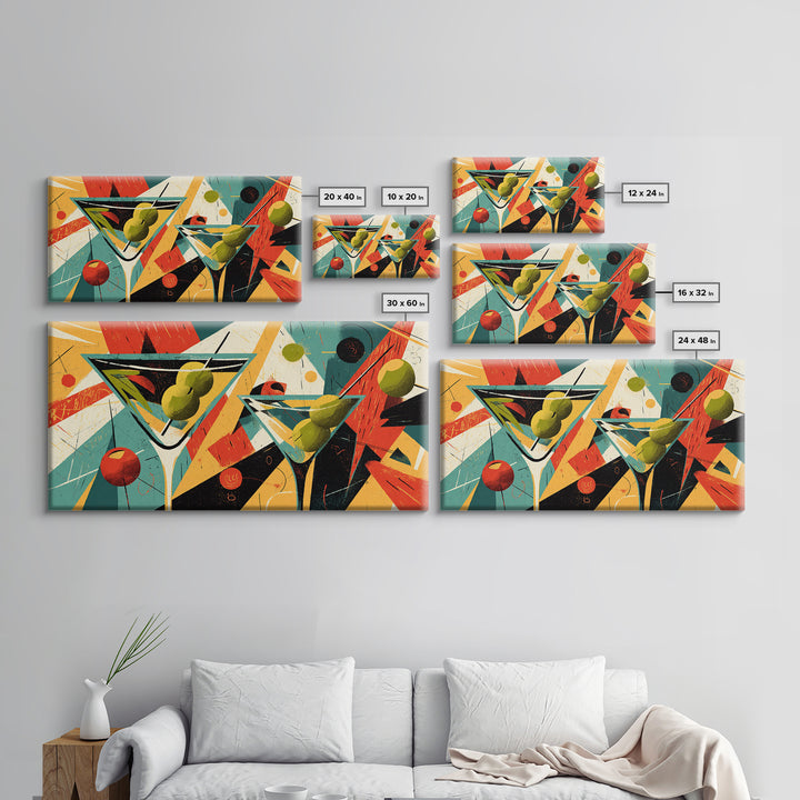 Retro Martini Glasses With Olives And Oranges Wall Art, Midcentury Modern Cocktail Poster, Atomic Bar Decor, Kitchen Art Print