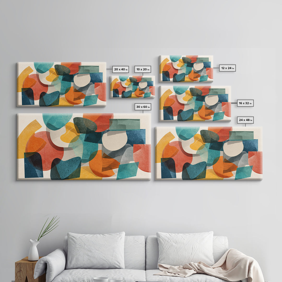 Transparent Organic Shapes Wall Art, Teal Orange Abstract Mid Century Modern Decor, Geometric Bauhaus Canvas Print For Home