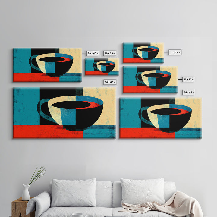 Modern Abstract Coffee Cup In Teal And Red Wall Art, Mid Century Kitchen Decor, Minimalist Coffee Poster, Bold Geometric Print