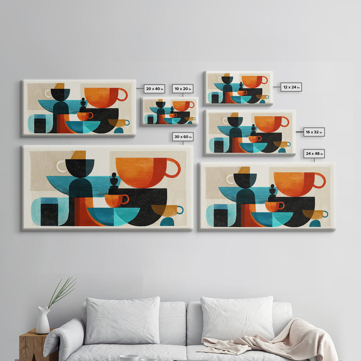 Geometric Coffee Cups Still Life Canvas Print, Midcentury Modern Kitchen Decor, Retro Cafe Wall Art, Teal Orange MCM Poster