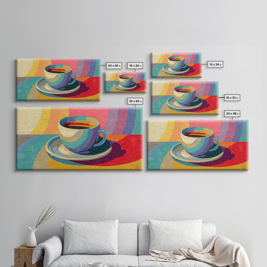 Rainbow Coffee Cup And Saucer Canvas Print, Retro Kitchen Wall Art, Colorful Midcentury Poster, Bright Cafe Home Decor Print