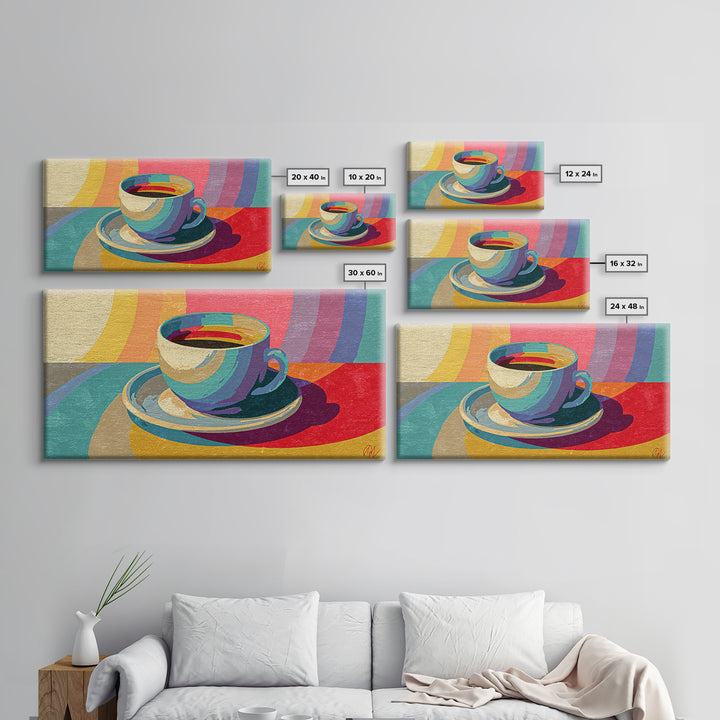 Rainbow Coffee Cup And Saucer Canvas Print, Retro Kitchen Wall Art, Colorful Midcentury Poster, Bright Cafe Home Decor Print
