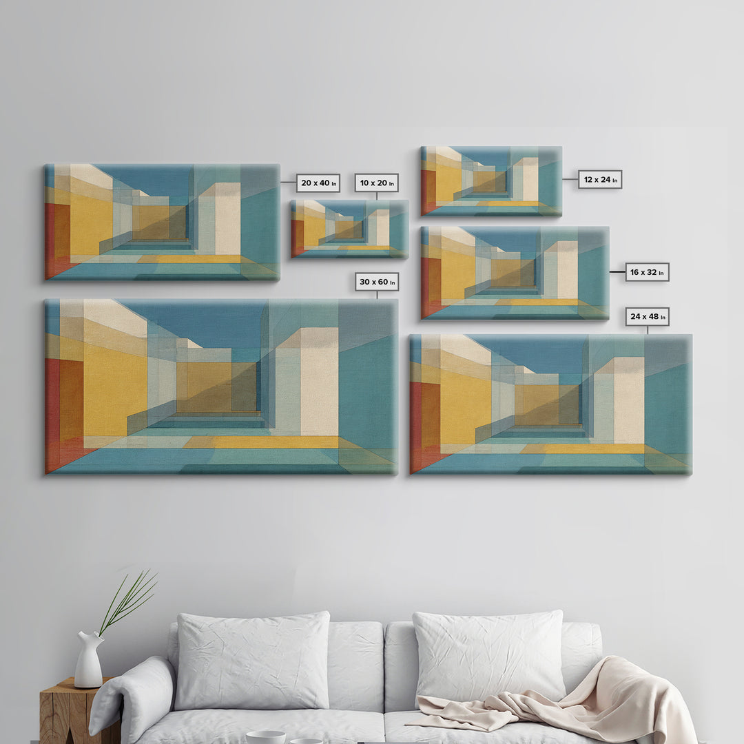 Abstract Desert Passage Wall Art, Geometric Architecture Canvas Print, Midcentury Modern Decor, Teal Gold Perspective Poster