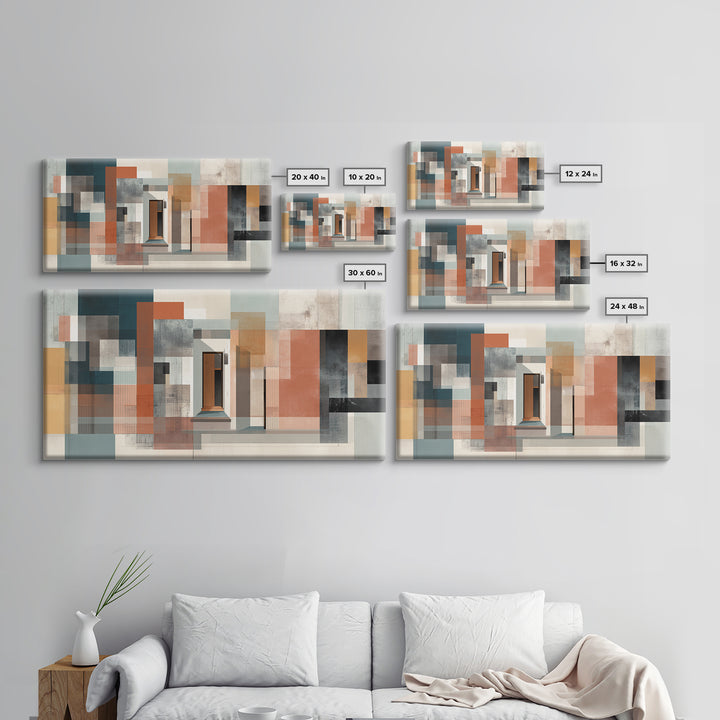 Abstract Doorway Facade Canvas Print, Bauhaus Architecture Wall Art, Midcentury Modern Decor, Rust Teal Office Poster Print