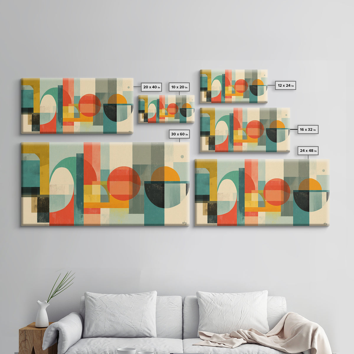 Retro Geometric Shapes Wall Art, Midcentury Modern Canvas Print, Abstract Circles Arches, Teal Orange Mustard Home Decor