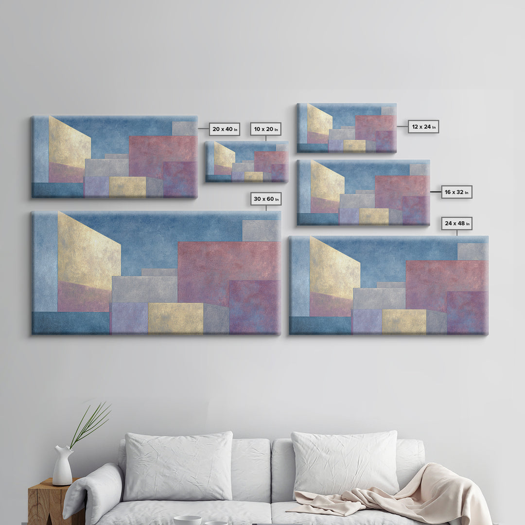 Pastel Architectural Blocks Wall Art, Minimal Geometric Modern Decor, Blue Purple Abstract Framed Canvas Print For Office