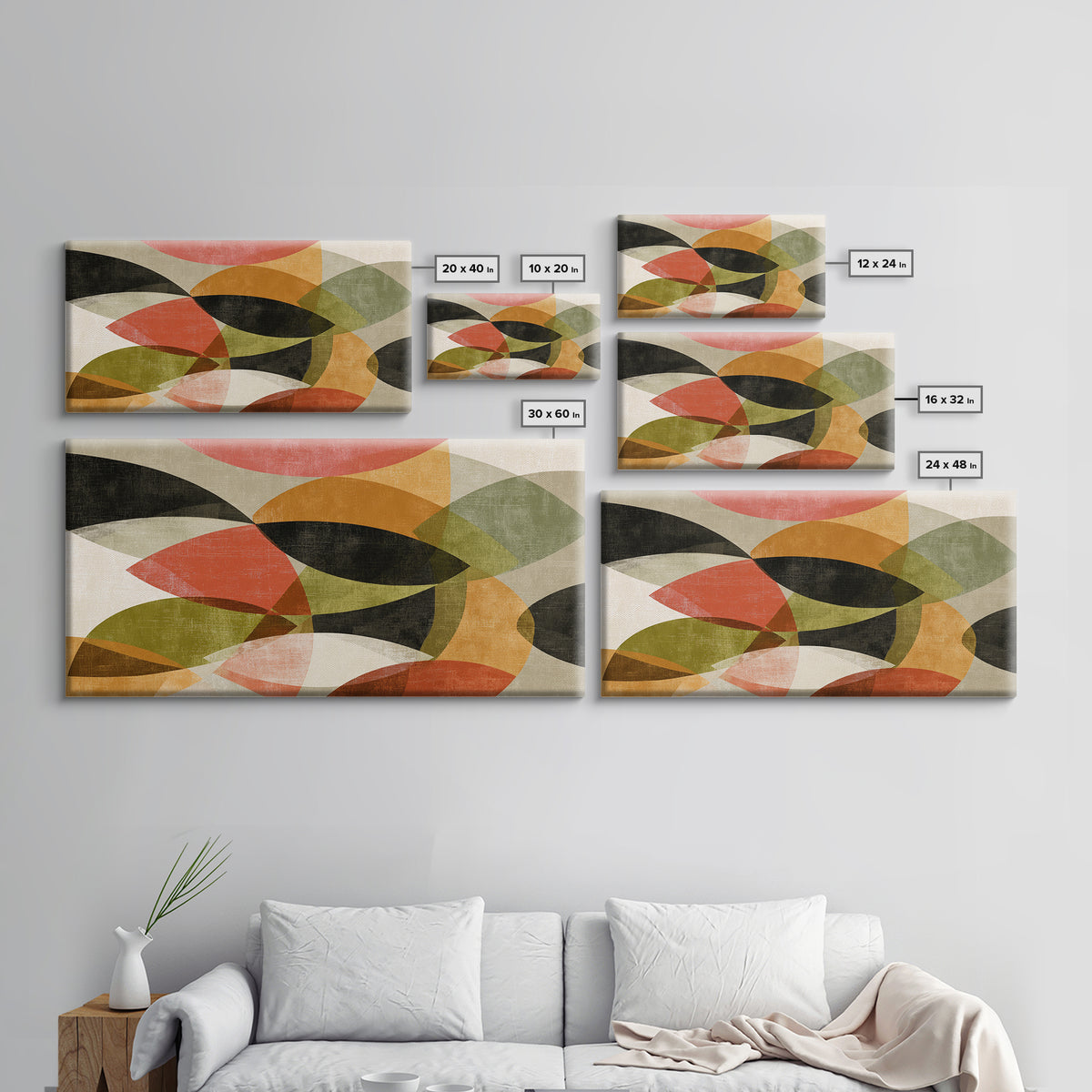 Layered Olive Red And Orange Abstract Leaves Wall Art, Midcentury Modern Art Print, Retro Geometric Decor For Living Room