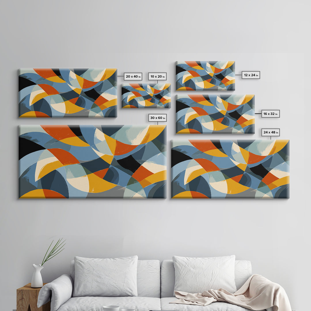 Blue Orange And Golden Crescent Geometry Wall Art, Midcentury Modern Abstract Art Print, Retro MCM Decor For Office And Home