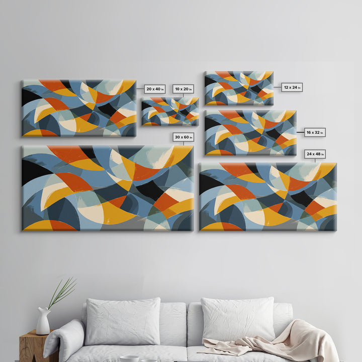 Blue Orange And Golden Crescent Geometry Wall Art, Midcentury Modern Abstract Art Print, Retro MCM Decor For Office And Home
