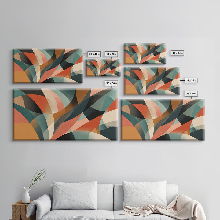 Coral Teal Rust And Cream Layered Curves Wall Art, Midcentury Modern Abstract Art Print, Retro Geometric Home Decor For Bedroom
