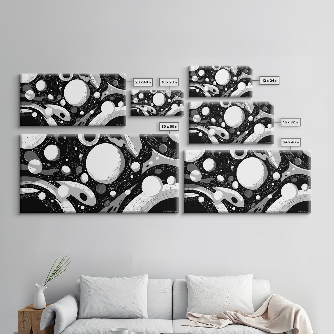 Black White And Gray Cosmic Bubbles Wall Art, Modern Abstract Art Print, Retro Sci Fi Space Decor For Office Or Game Room