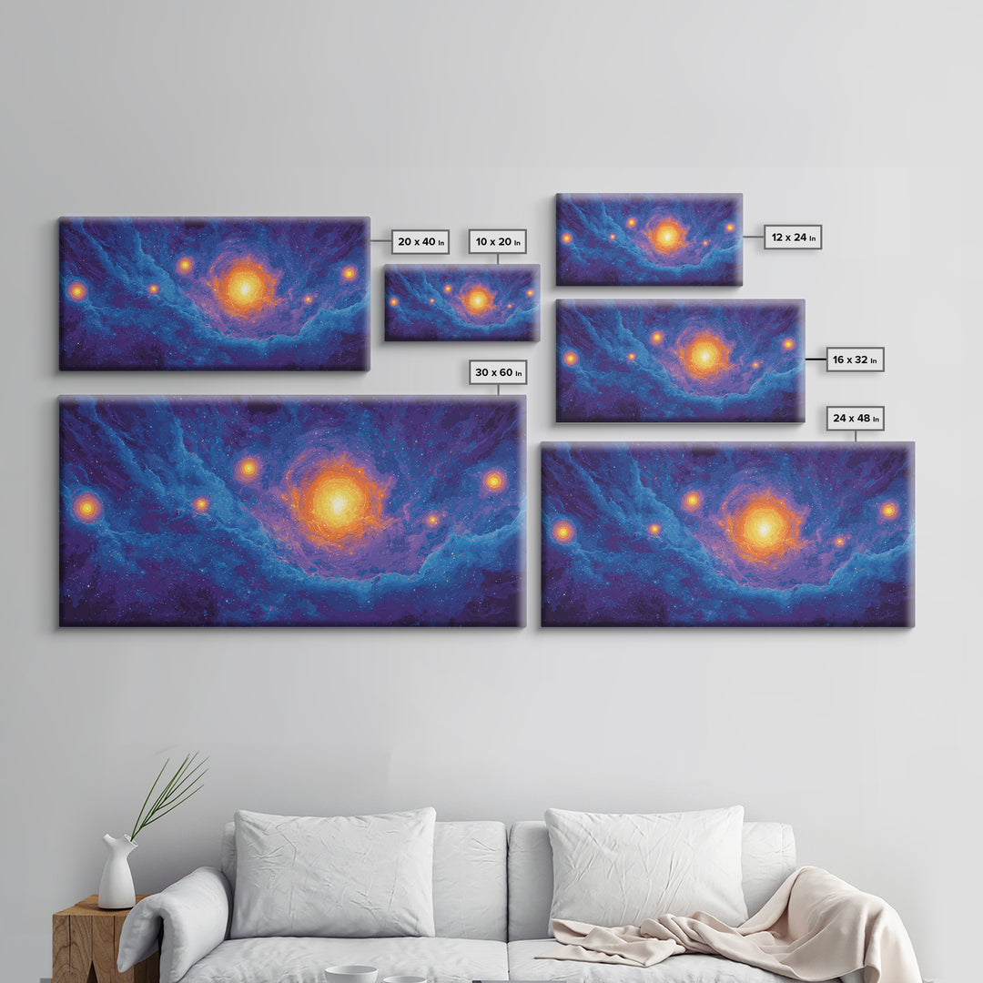 Glowing Blue Galaxy Nebula With Orange Stars Wall Art, Modern Abstract Art Print, Cosmic Retro Poster, Living Room Decor