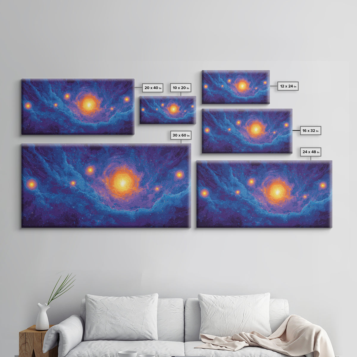 Glowing Blue Galaxy Nebula With Orange Stars Wall Art, Modern Abstract Art Print, Cosmic Retro Poster, Living Room Decor