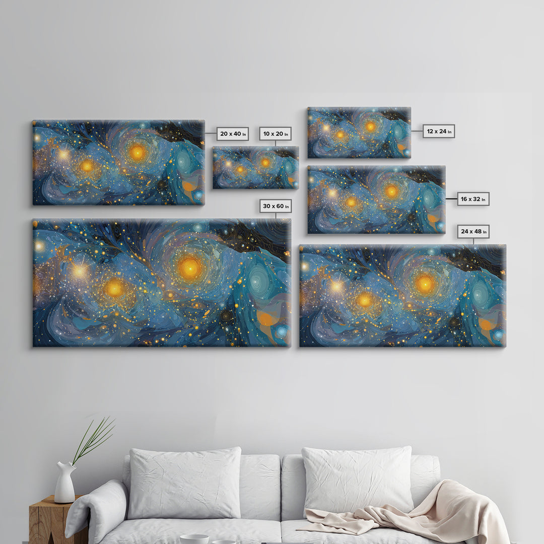 Swirling Starry Blue And Gold Galaxy Framed Canvas Print, Modern Wall Art, Abstract Poster, Celestial Living Room Decor Prints