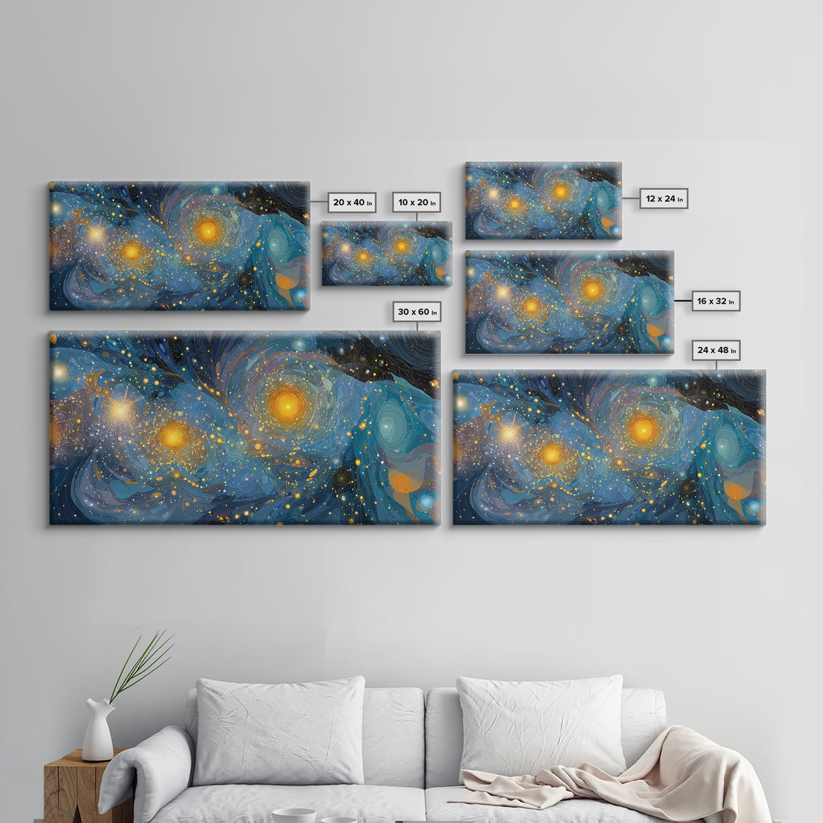 Swirling Starry Blue And Gold Galaxy Framed Canvas Print, Modern Wall Art, Abstract Poster, Celestial Living Room Decor Prints