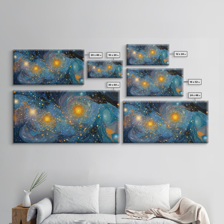 Swirling Starry Blue And Gold Galaxy Framed Canvas Print, Modern Wall Art, Abstract Poster, Celestial Living Room Decor Prints