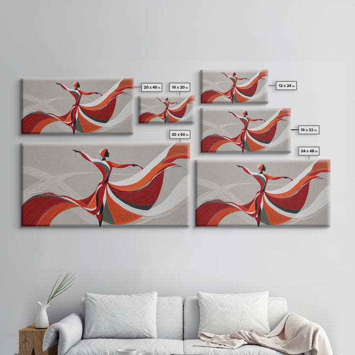 Flowing Red Orange Dancer With Ribbon Framed Canvas Print, Modern Wall Art, Abstract Painting, Statement Living Room Decor