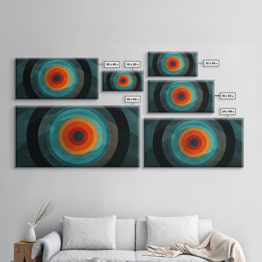 Teal Orange Geometric Bullseye Canvas Print, Midcentury Modern Wall Art, Abstract Circle Poster, Masculine Office Decor Print