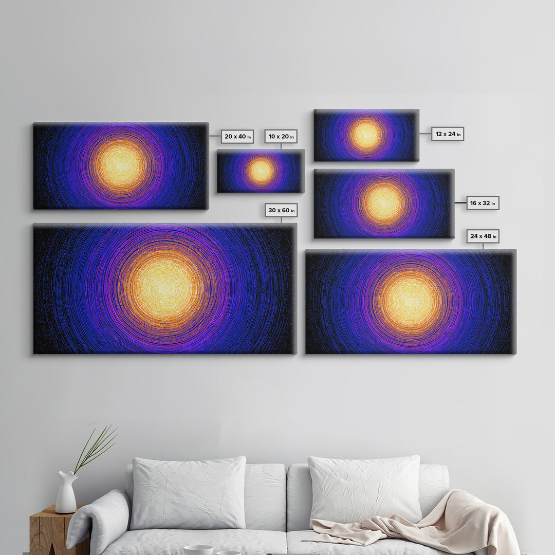 Golden Sun Blue Vortex Canvas Print, Cosmic Abstract Wall Art, Modern Retro Poster, Vibrant Space Decor For Living Room Or Office