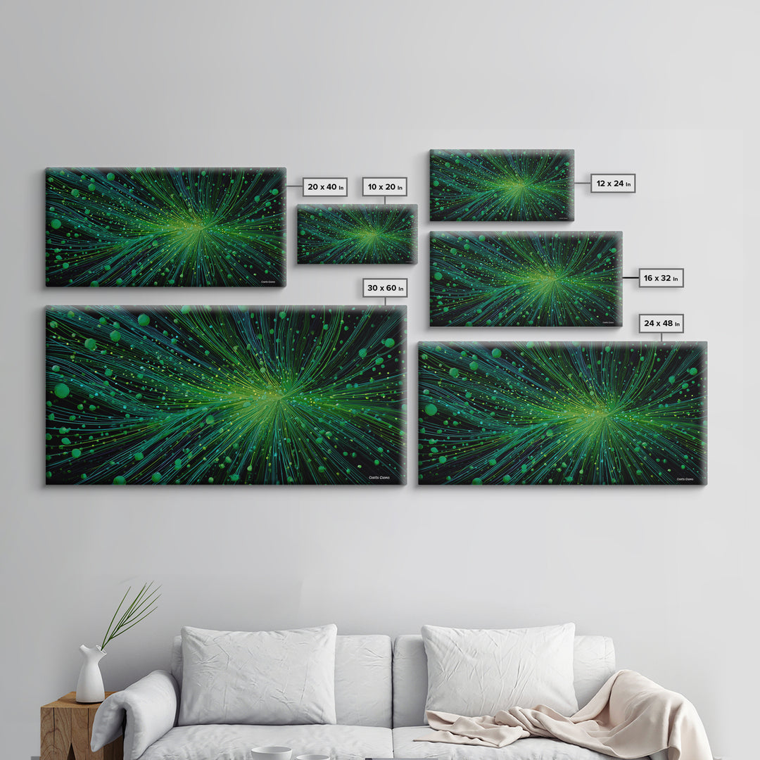 Green Particle Burst Canvas Print, Abstract Energy Lines Wall Art, Modern Digital Artwork, Sci Fi Poster For Home Office Decor